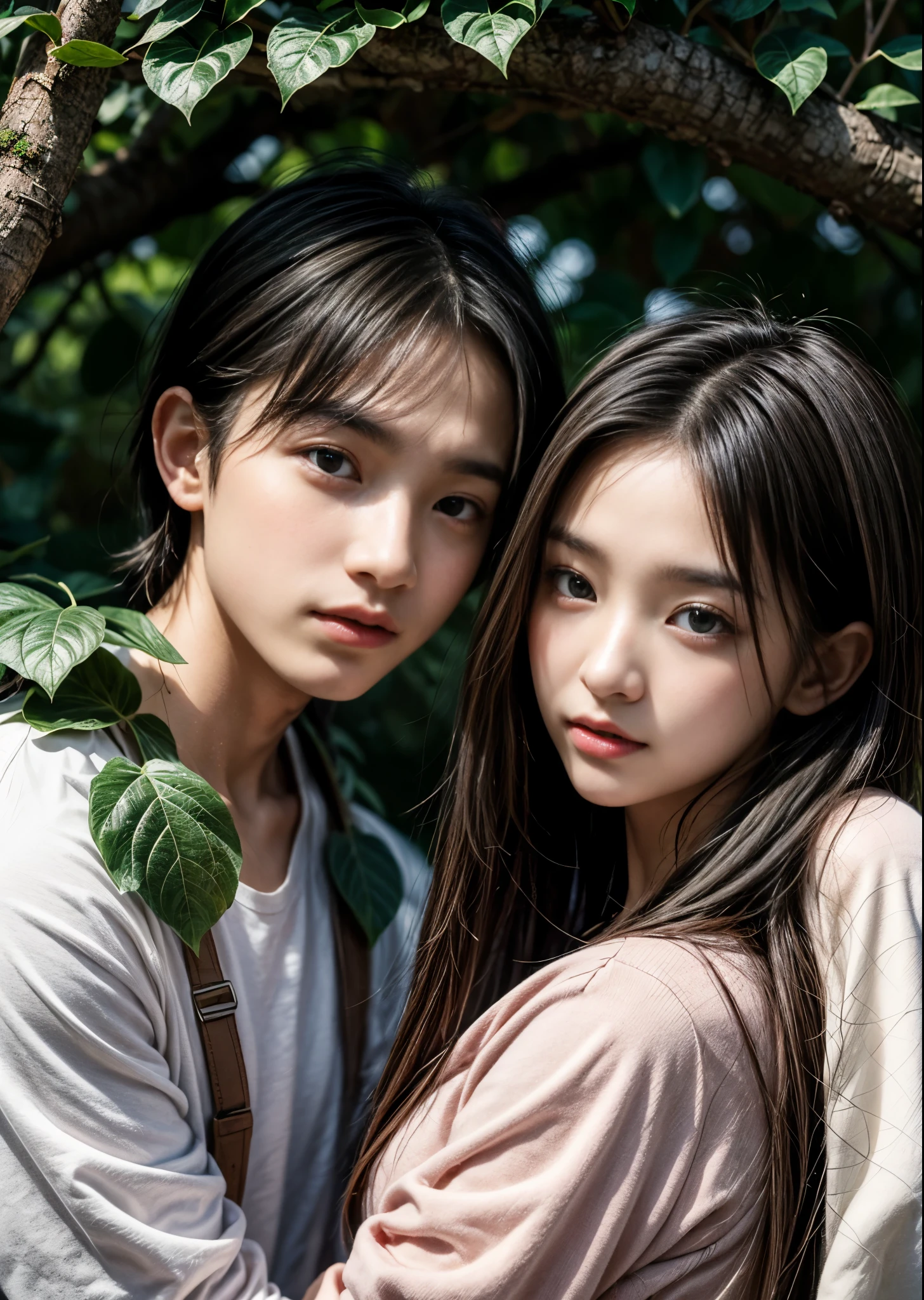 Two boys in a heart-shaped hole in an ivy leaf wrapped around a thick tree、16 years old、Beautiful Boys、A small light shines in the hole.、in the forest、Yellow January Night、The moon is half hidden by clouds、Sharp images、High color reproducibility、Attention to detail、live-action、