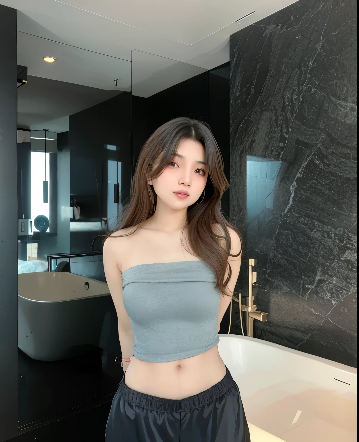 Arabian Asian woman in grey top standing in bathroom, Gorgeous Young Korean Woman, Korean Girls, Beautiful young Korean woman, Beautiful Korean Women, Jaeyoung Nam, Roseanne Park from Blackpink, Choi Hong-hwa, Kim Tae-jun, Wenfei Ye, Gemma Chen,  body, Narrow waist, big ,(No clothes)