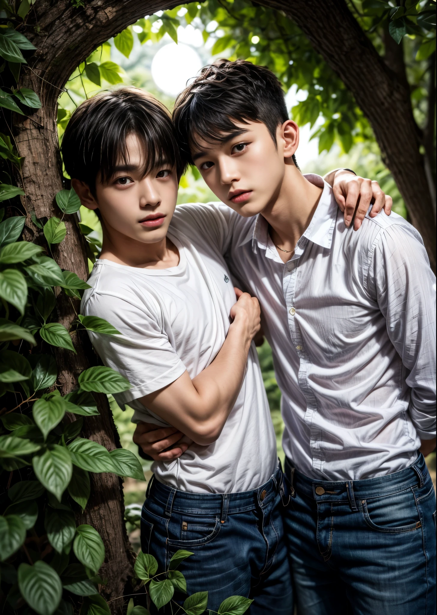 Two boys in a heart-shaped hole in an ivy leaf wrapped around a thick tree、、Beautiful Boys、A small light shines in the hole.、in the forest、Yellow January Night、The moon is half hidden by clouds、Sharp images、High color reproducibility、Attention to detail、live-action、