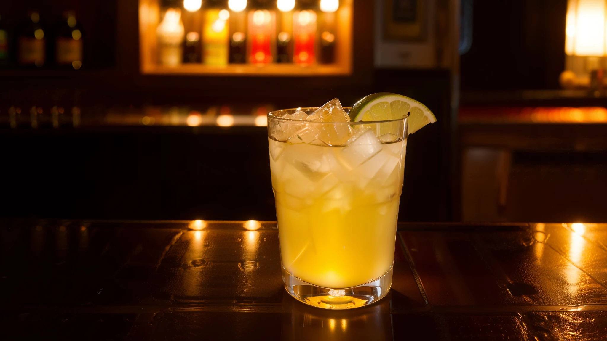 Photorealistic scenery,bar counter,Dark lighting,Warm lighting,Cocktail with ice,Curved glass,Garnish the rim of the glass with lime,Sunset-colored cocktail,Inside the store at night,Red Coaster,High resolution