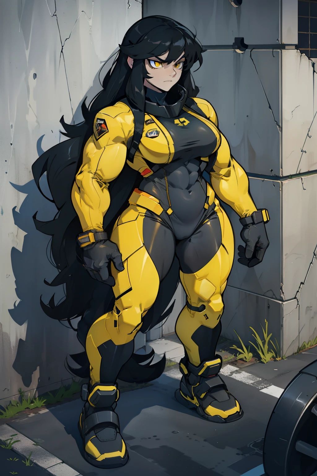 ((((((1girl)))))) (((((muscular))))) ((thick thighs huge breasts)) black hair yellow eyes solo angry pale skin sweaty concrete wall very long hair bodysuit curvy wide hips bodybuilder ((full body))