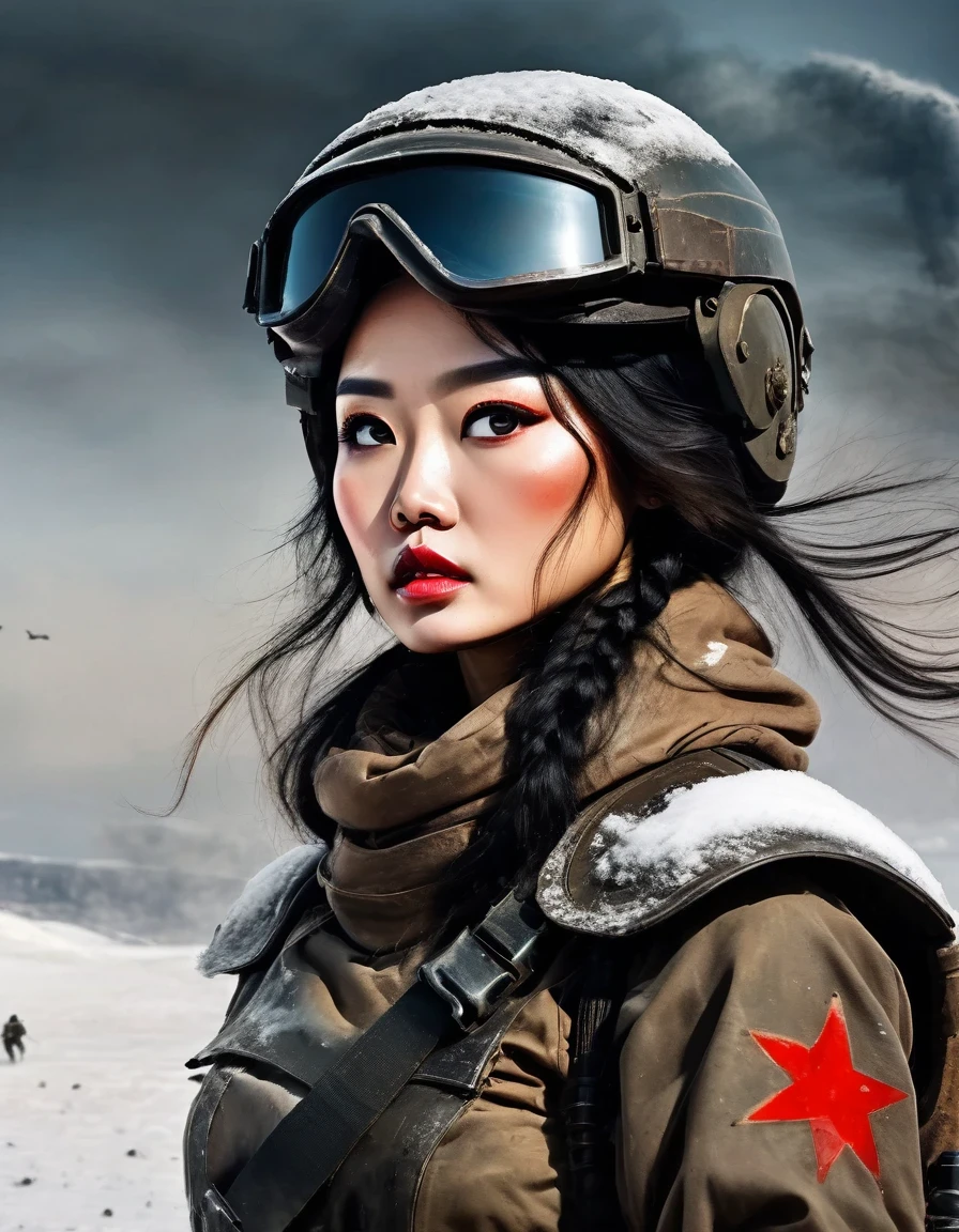 wasteland, Abnormally beautiful Chinese female soldier holding a rocket launcher，Sci-fi future fantasy，helmet，Goggles，Blood and black paint on face，Chapped lips，dirt，Injuried，old，Tragic，Tragic，Movie Stills，Siberia，Vast wasteland，Snow everywhere，Cold night，Cyberpunk，sci-fi art, in style of Amedeo Modigliani，fighting，War，A lot of fighters，background：Army Group Battlefield，