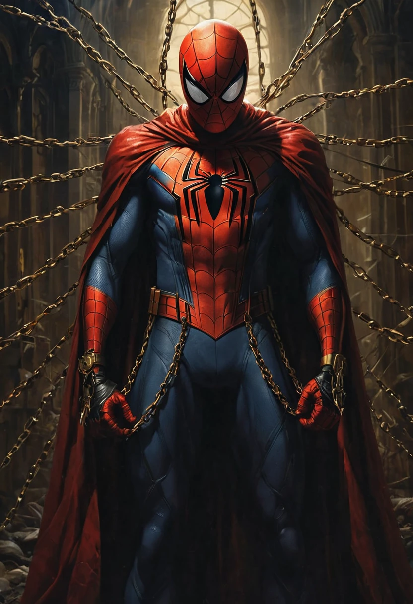 In Casey Bowe's memorable style, Spider-Man's gothic body is composed almost entirely of necroplasm. The Thing That Came from Hell, Spider-Man. His cloak is very aesthetic and deadly. The chains, black suit are part of a sentient parasitic organism known as K7-Lita, a parasite from hell, which attaches itself to the nervous system of its hosts and emerges from the depths of darkness. Its essence is a fascinating mixture. mystery and horror charm. His piercing eyes radiate a mysterious presence that draws viewers into his world. Baugh's brush imbues the painting with a unique combination of realism and abstraction, highlighting Spider-Man's subtle facial features and contrasting them against deep, rich hues. The interaction of light and shadow gives the painting depth and volume, creating a hauntingly beautiful image of this Gothic painting. Bow's distinctive style captures the essence of Spawn's mysterious nature, inviting competition.
