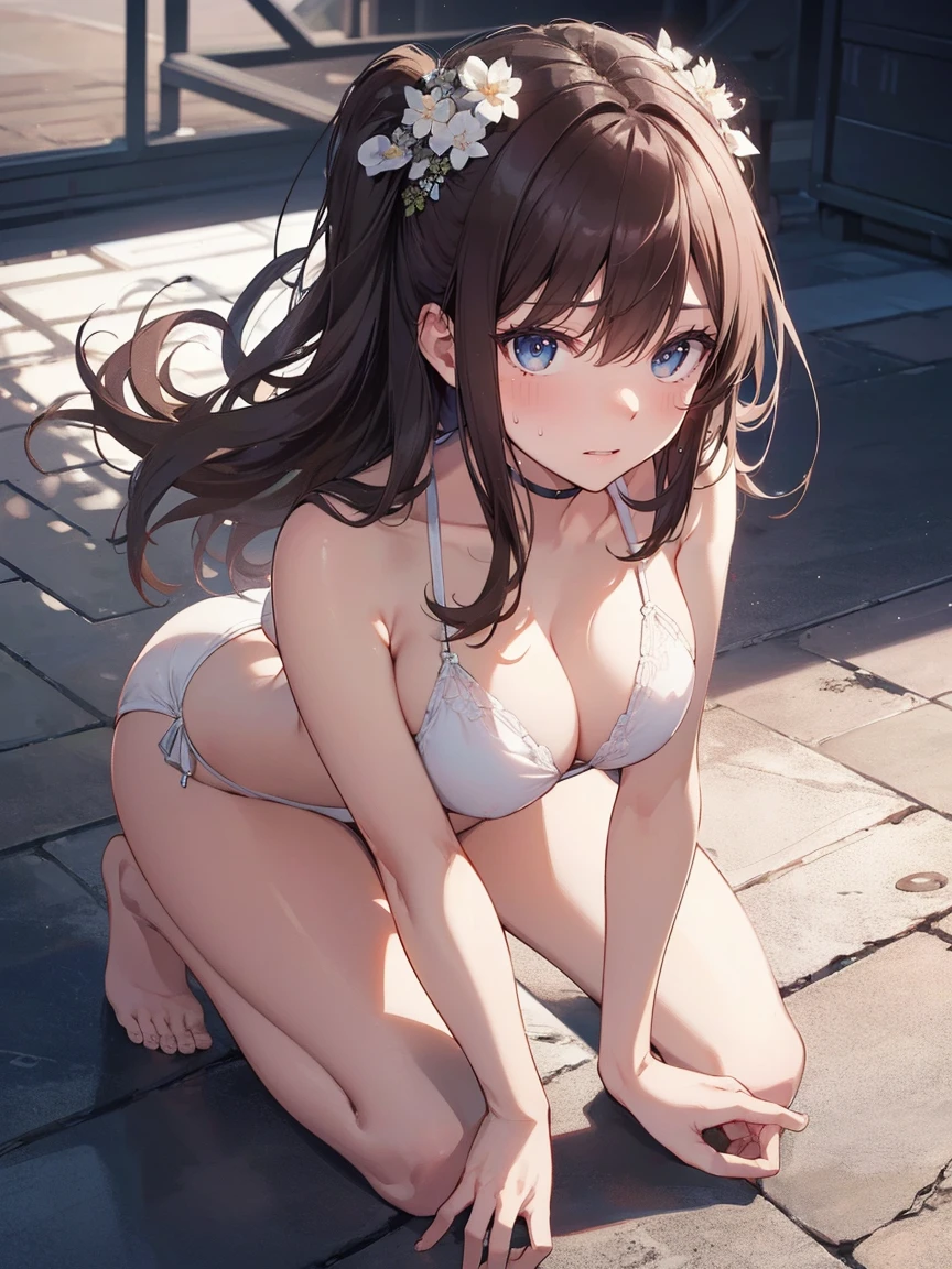 blue eyes,highest quality,High resolution,unity 8k wallpaper,(shape:0.8),(Beautiful and detailed:1.6),Detailed face,Perfect lighting,Detailed CG,(Perfect hands, Perfect Anatomy),Female students,White Bikini,Brown Hair,Two Side Up,Kneeling