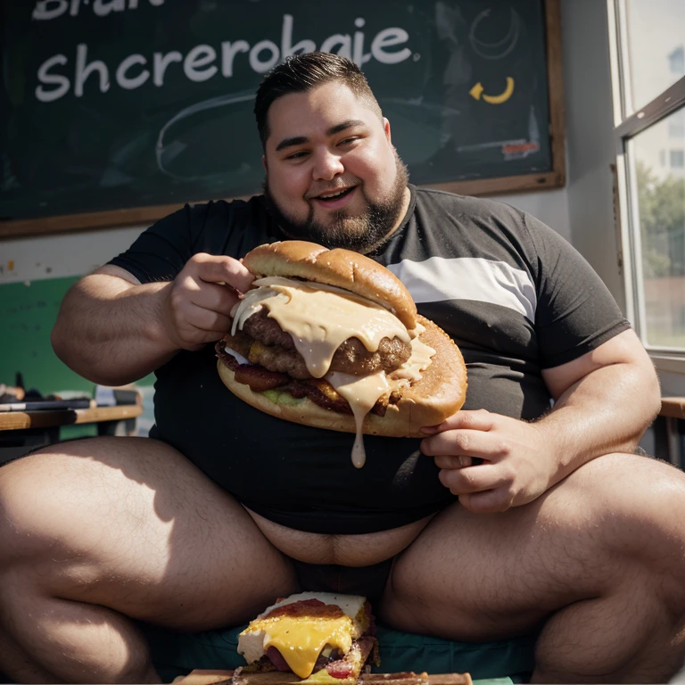 Fat man eating a huge cheeseburger, at school, colorful, Realistic,gnaw,,Super huge