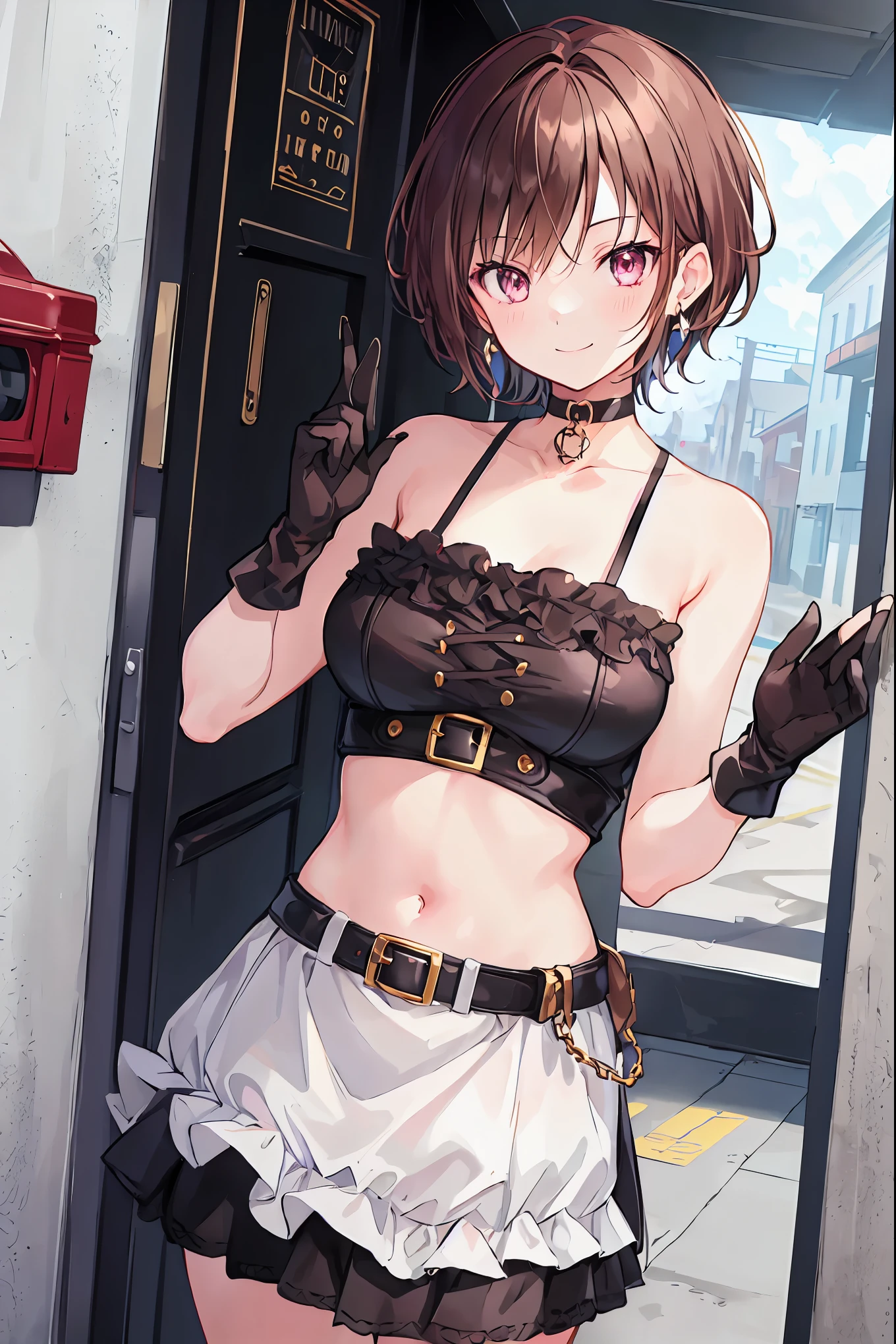 One girl, anime_Coloring, black_eye, black_gloves, Brown_hair, choker, Earrings, gloves, jewelry, Letterbox, Parody, short_hair, smile, alone, style_Parody,