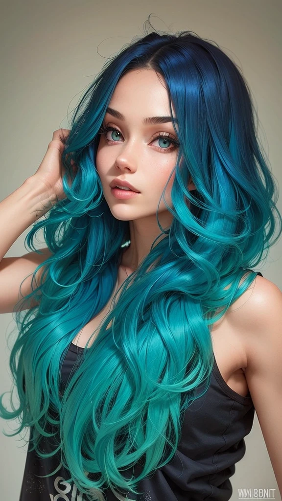 Beautiful girl, slim fit body, wavey blue hair , tank top, ,