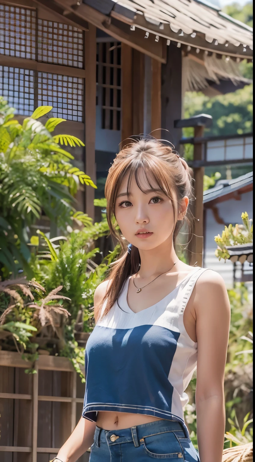 Japanese women、Ultra-realistic photos, masterpiece, highest quality, (Realistic:1.37), (Best Rendering:1.37), (White sleeveless top:1.2), (Blue shorts:1.2), Heel, Standing in front of a farmer&#39;s house, sunny day,, Cinematic Light, Beautiful woman, skinny, Large Breasts, Straight blonde hair, Detailed face, smile, To the camera, Photo taken from a distance, 20-year-old