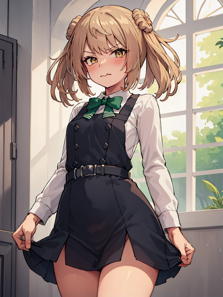 michishio_kantaicollection, twintails, double_bun, hair_bun, short_twintails, light_brown_hair, brown_eyes, blush, bow, yellow_eyes, dress, green_bow, green_bowtie, pinafore_dress, shirt, white_shirt, bowtie, (small breasts, little body), (short stature:1.2), 1 little gilr , solo
BREAK 
skirt lift pov, from below, lifted by self, head tilt
BREAK
(glaring), >:, (blush), (close your mouth:1.3), (wavy mouth)
BREAK
official art, best masterpiece, best quality, best resolution, 8K, best detailed, highly detailed hands, highly detailed fingers, very detailed mouth, perfect anatomy
BREAK
(indoor, bedroom), dust, dust, light particles, facing to viewer, , very fine and detailed 16KCG wallpapers