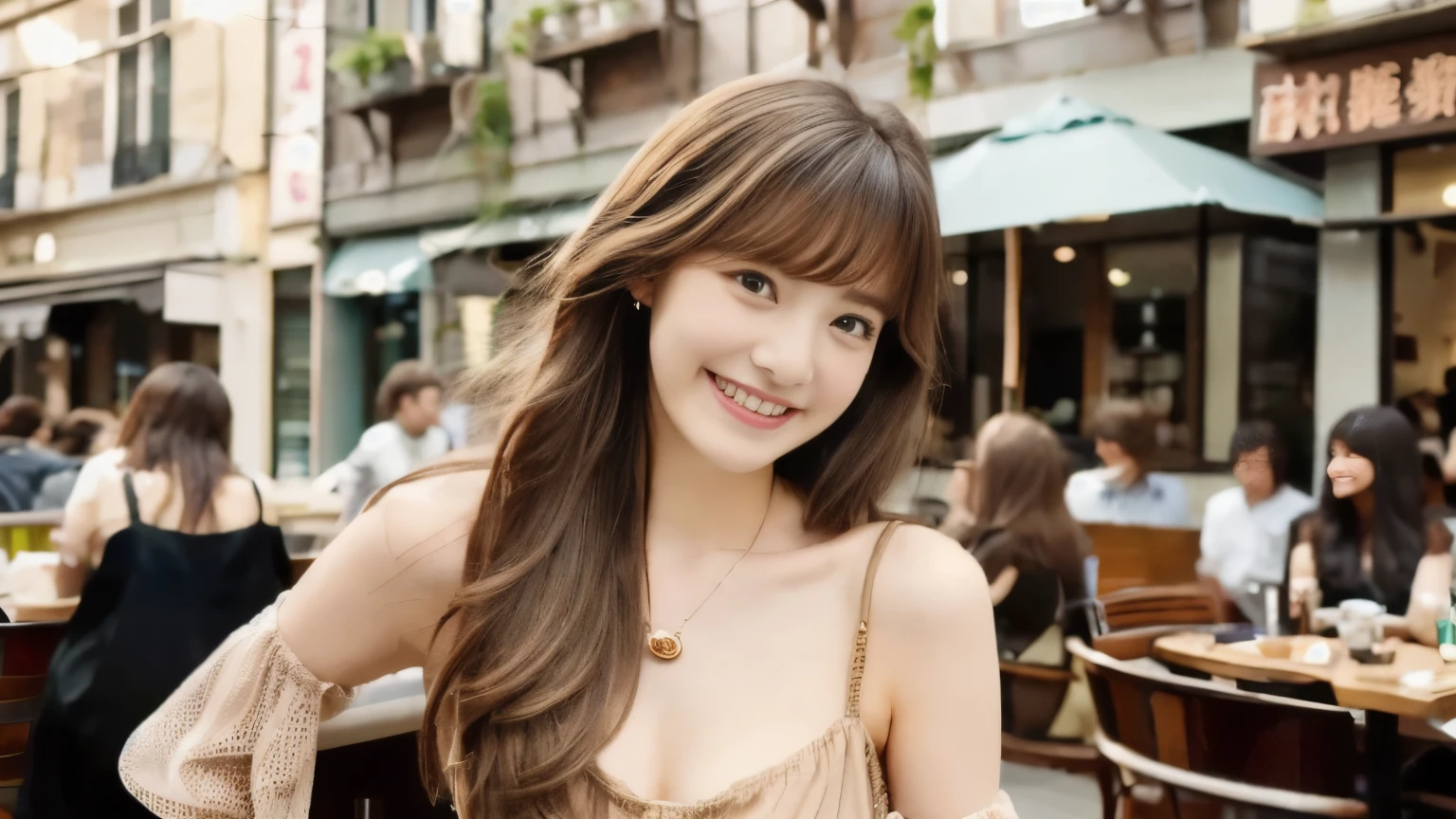 super high quality, Slender, Gravure photoshoot, The staff is working at the counter in the back., (8k、RAW Photos、highest quality、masterpiece:1.2), Japanese Idol, Brown Hair, necklace, Stylish café, The cafe is crowded with people enjoying themselves., (Realistic、Photorealistic:1.37), Mesh Hair, Golden Ratio, Raw photo, Cute face , Light Brown Hair, Earrings, Small breasts, Blurred Background, Spring Clothes, Well-designed furniture, Loose Palmer, Beautiful hairstyle, Spoiled, Open Cafe, A kind smile, Hair blowing in the wind, Neat clothes, Berry Short, 18-year-old, Gal Fashion,