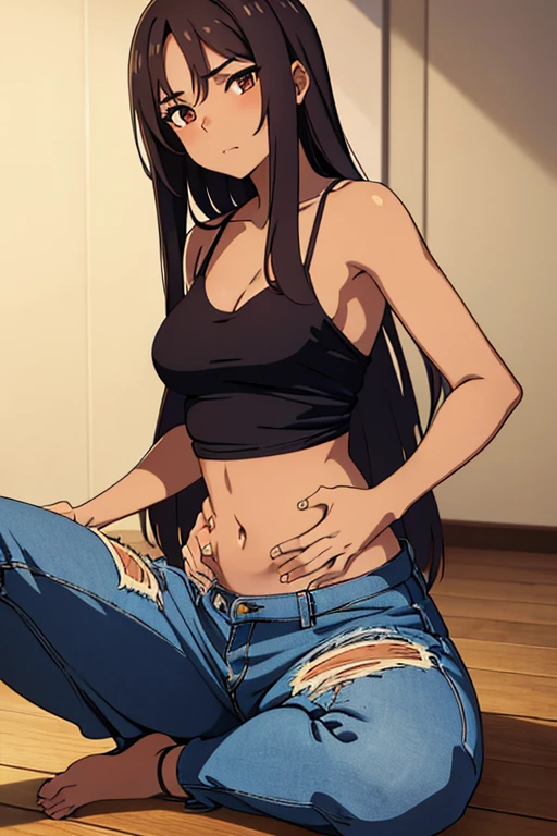((best quality)), ((masterpiece)), (detailed), perfect face, brown skin anime girl in a deep V backless cami top, (jeans trousers), famished in hunger, (gently resting hands on stomach), (long hair), (hands on her stomach)