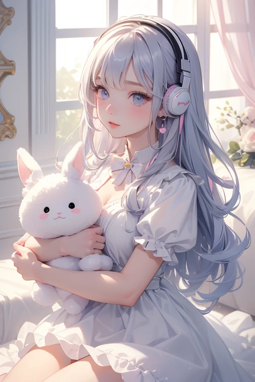 ((masterpiece)),(((highest quality))),((Very detailed)),((figure)),Dynamic Angle, One girl,White Room、Pastel Furniture、A girl is listening to music with headphones、The girl is holding a cute stuffed toy of a big white rabbit、The girl has pastel pink loosely curled hair.、Pastel grey eyes、High quality、Delicate worst quality,lowquality,bad anatomy bad hands