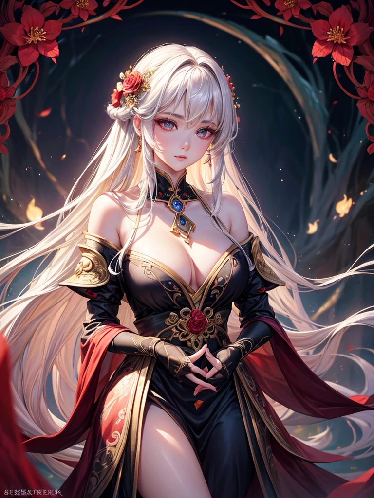 (highres,realistic)Yue,beautiful detailed eyes,beautiful detailed lips,extremely detailed eyes and face,longeyelashes,serene expression,golden hair flowing down,brilliant red and black dress,standing in a mystical garden,illuminated by soft moonlight,with vibrant flowers blooming around her,creating a mesmerizing atmosphere,anime-style artwork,impeccable attention to detail,stunning portrait of Yue,with a hint of mystery and elegance,vivid colors,photorealistic rendering,showcasing Yue's captivating beauty and enchanting presence.