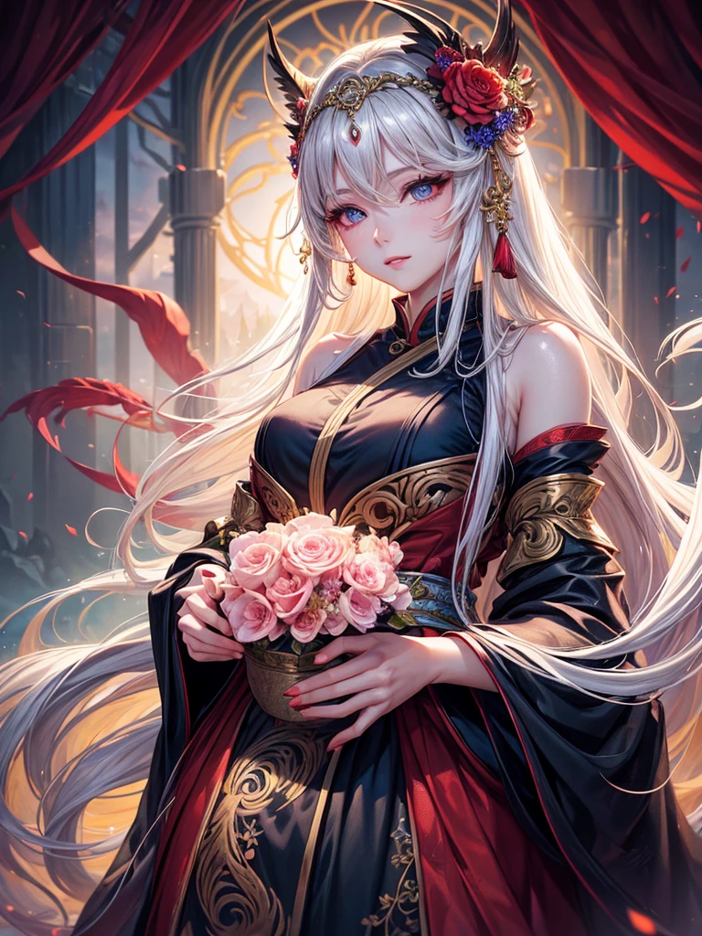 (highres,realistic)Yue,beautiful detailed eyes,beautiful detailed lips,extremely detailed eyes and face,longeyelashes,serene expression,golden hair flowing down,brilliant red and black dress,standing in a mystical garden,illuminated by soft moonlight,with vibrant flowers blooming around her,creating a mesmerizing atmosphere,anime-style artwork,impeccable attention to detail,stunning portrait of Yue,with a hint of mystery and elegance,vivid colors,photorealistic rendering,showcasing Yue's captivating beauty and enchanting presence.