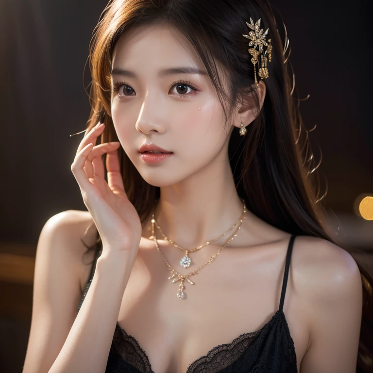 best quality, masterpiece, highres, 1girl,china dress,hair ornament,necklace, jewelry,Beautiful face,upon_body, tyndall effect,photorealistic, dark studio, rim lighting, two tone lighting,(high detailed skin:1.2), 8k uhd, dslr, soft lighting, high quality, volumetric lighting, candid, Photograph, high resolution, 4k, 8k, Bokeh,