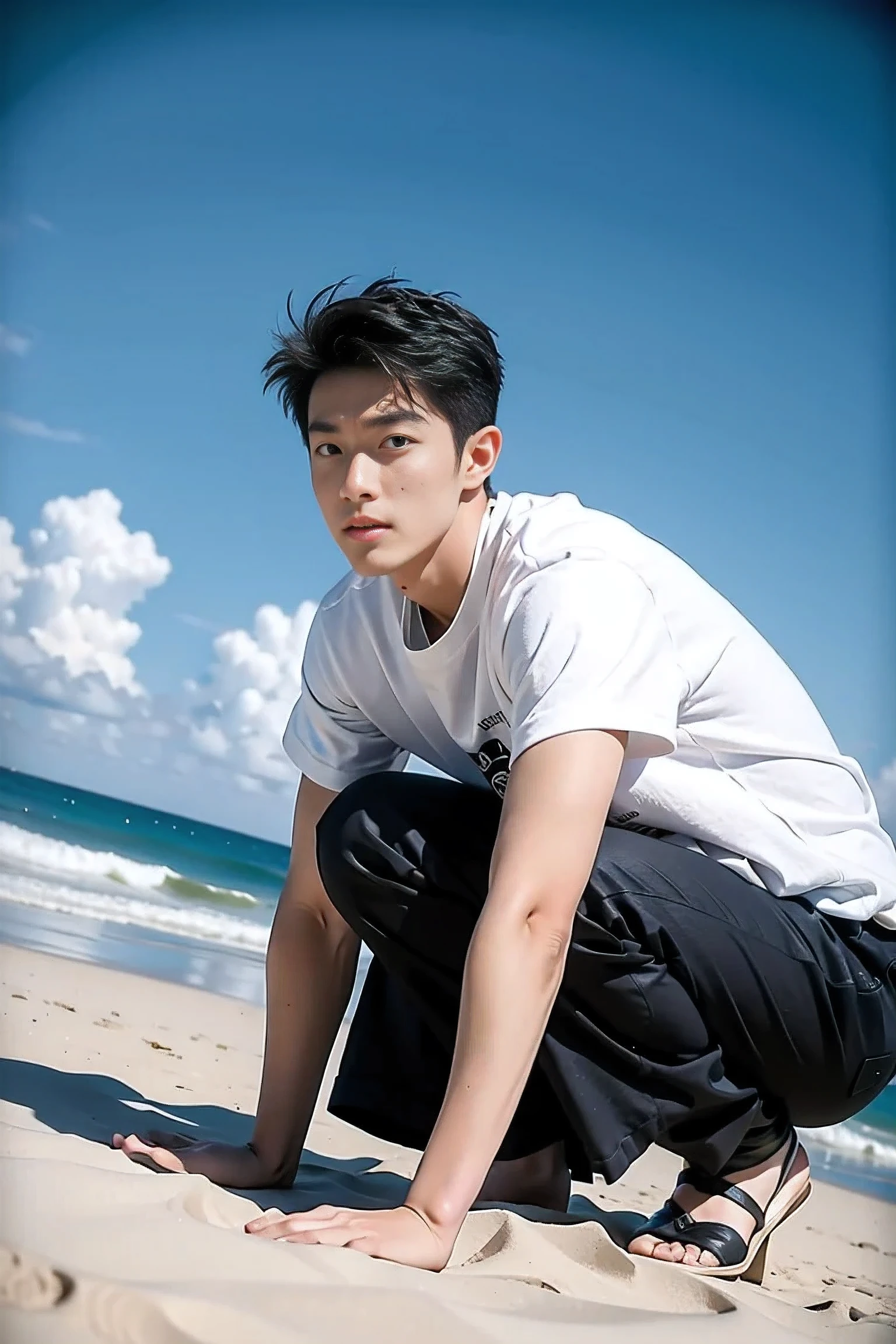 handsome male,solo,dutch angle ,beach
