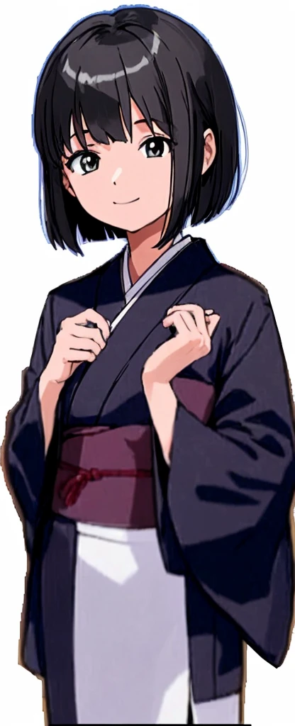 A girl with a bob haircut is standing with a smile wearing a kimono from a ryokan。