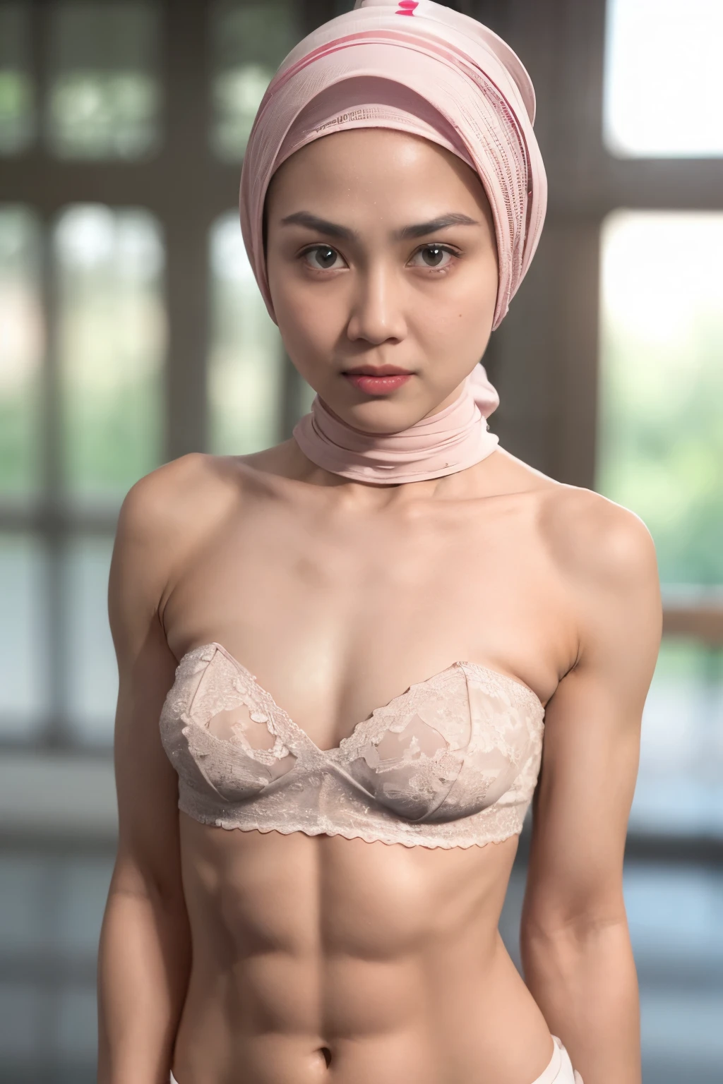 ((SHORT HIJAB)), ((Flat chest:1.8)), (dynamic photograph of a 58 year old Indonesian woman), (slim top, cotton panties), (straight non curly hair), (highly detailed face:1.4), (vascular muscles and abs:1.3), (background inside light, bright, private gym:1.1), (8k, uhd, dslr, high quality, cinematic lighting, bokeh), (dramatic, award winning photography, incredible masterpiece:1.3), (((sexy sultry stare at camera:0.8))), close up, ((she is ready to dominate you:0.5)), ((beautiful feminine face)) (she is a champion MMA fighter), add_detail:1, ((Wearing strapless pastel)) lace  red white 