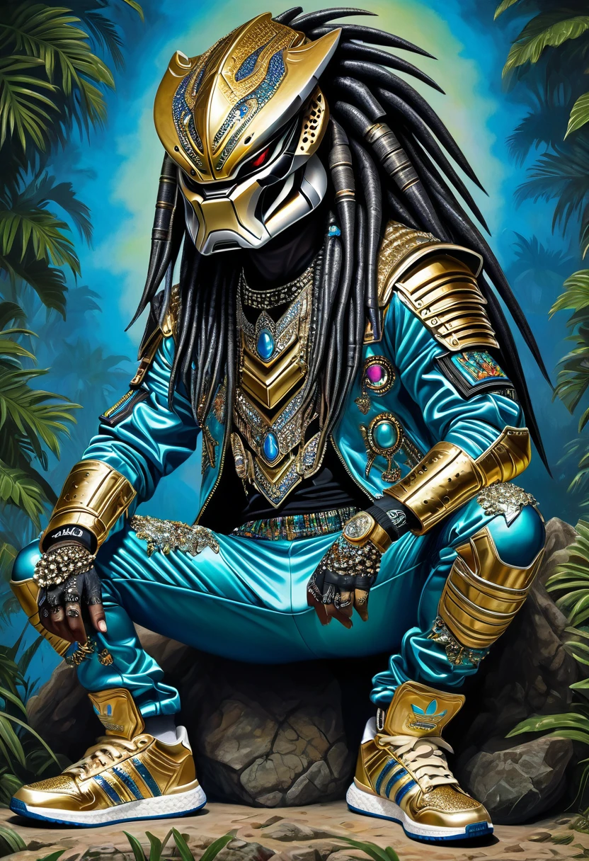 create a picture of Preddy the Earth Loving Yautja Predator Warrior donning the 80's Hip Hop Costume with Adidas Sports Jacket, Adidas Sports Trousers, adidas Sneakers and insanely detailed, intricate ornate bling-bling made of alien metal alloy, ultra sharp and crisp oil on canvas painting, realistic style, heavily influenced by Don Lawrence art style