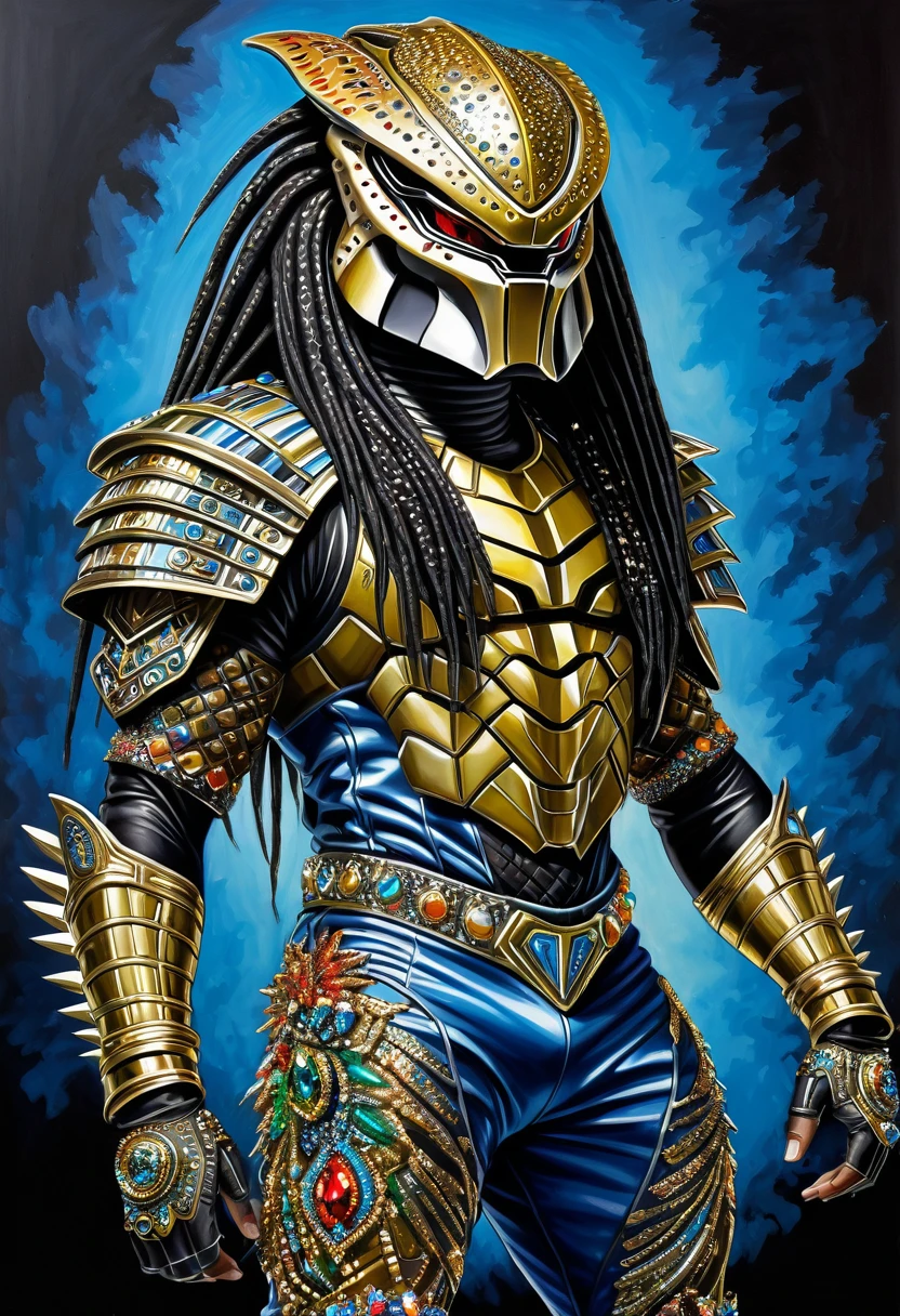 create a picture of Preddy the Earth Loving Yautja Predator Warrior donning the 80's Hip Hop Costume with Adidas Sports Jacket, Adidas Sports Trousers, adidas Sneakers and insanely detailed, intricate ornate bling-bling made of alien metal alloy, ultra sharp and crisp oil on canvas painting, realistic style, heavily influenced by Don Lawrence art style