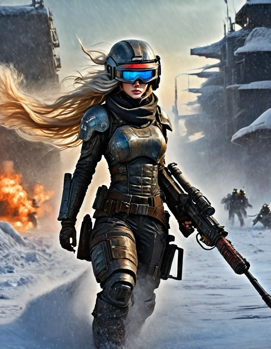 best quality, ultra-detailed, HDR, masterpiece:1.2, wasteland, beautiful warrior holding a rocket launcher, futuristic fantasy, White long flowing hair, high-tech helmet, goggles, blood and black oil paint on her face, dirt, wounded, worn-out, tragic, movie still, Siberia, vast wasteland covered in snow, cold night, sci-fi art, in style of Amedeo Modigliani, battle, war, multiple warriors, background: army combat battlefield, numerous brave soldiers.