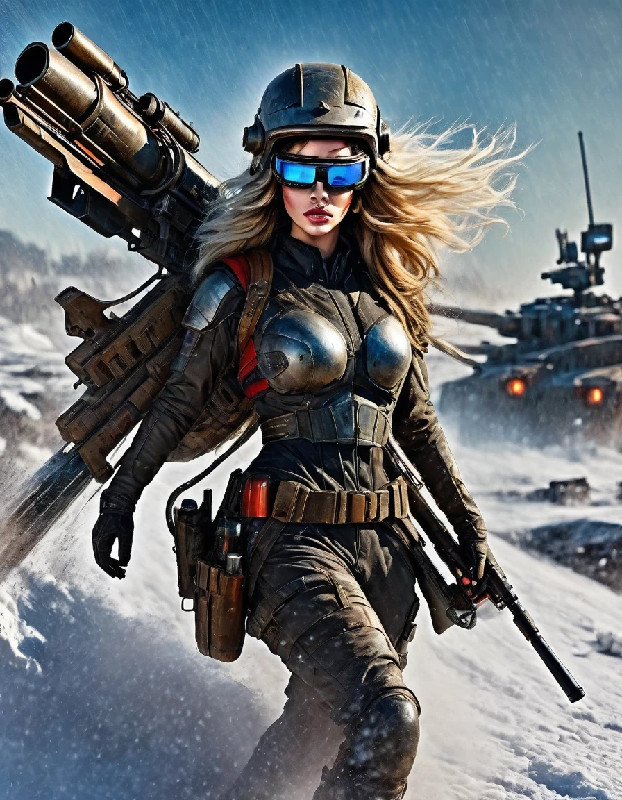 best quality, ultra-detailed, HDR, masterpiece:1.2, wasteland, beautiful warrior holding a rocket launcher, futuristic fantasy, White long flowing hair, high-tech helmet, goggles, blood and black oil paint on her face, dirt, wounded, worn-out, tragic, movie still, Siberia, vast wasteland covered in snow, cold night, sci-fi art, in style of Amedeo Modigliani, battle, war, multiple warriors, background: army combat battlefield, numerous brave soldiers.