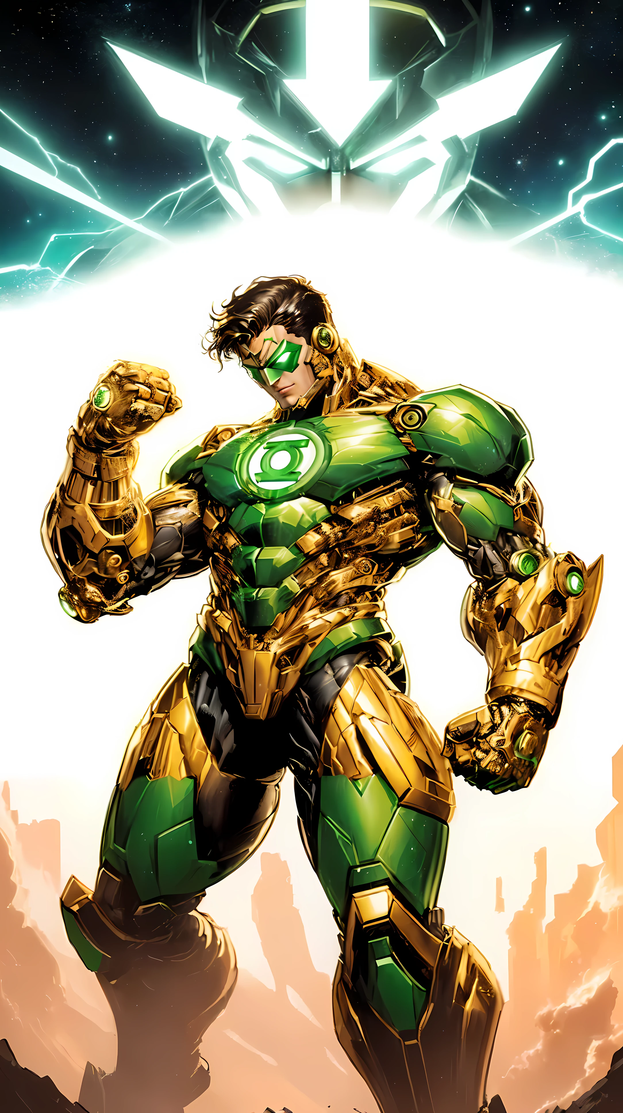 an illustration of the DC superhero Green Lantern(mecha gold e branco)(fundo branco)