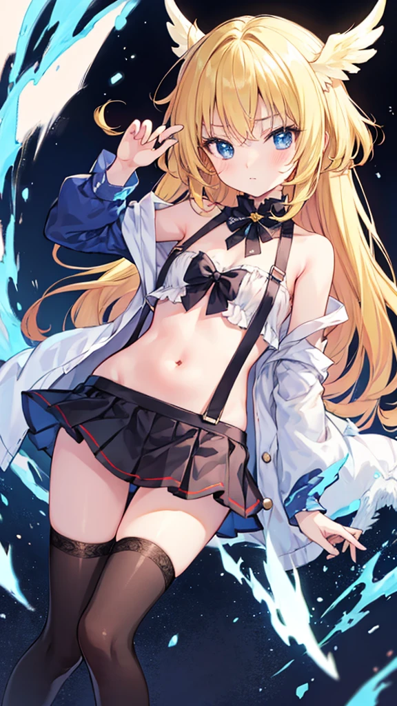 anime style,ultra hyper shota,long hair,blonde hair,
(bare stomach,suspender skirt,short tops),
pretty baby face,black long tights,angelic pretty,