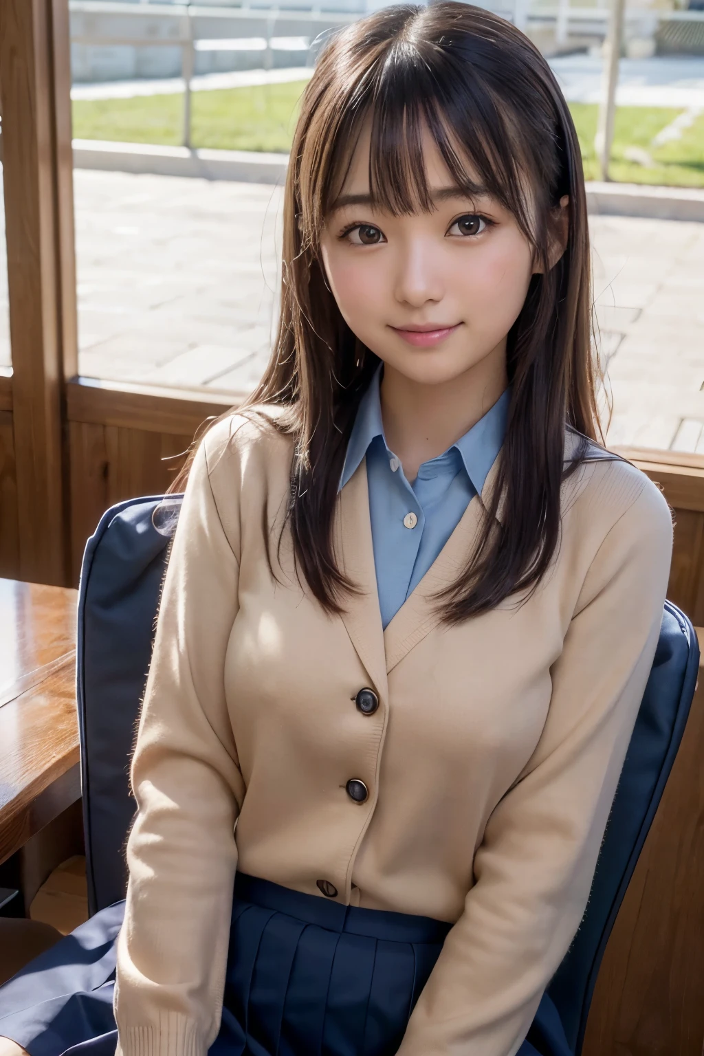 best quality, facial focus, soft light, (depth of field), ultra high res, (photorealistic: 1.4), RAW photo, (sideways) 1Japanese girl, solo, handsome, (shy, smile: 1.1), (brown eyes), detailed beautiful face, (long hair), (seated chair), (school uniform: 1.4, navy skirt, navy Blazer), pet shop,