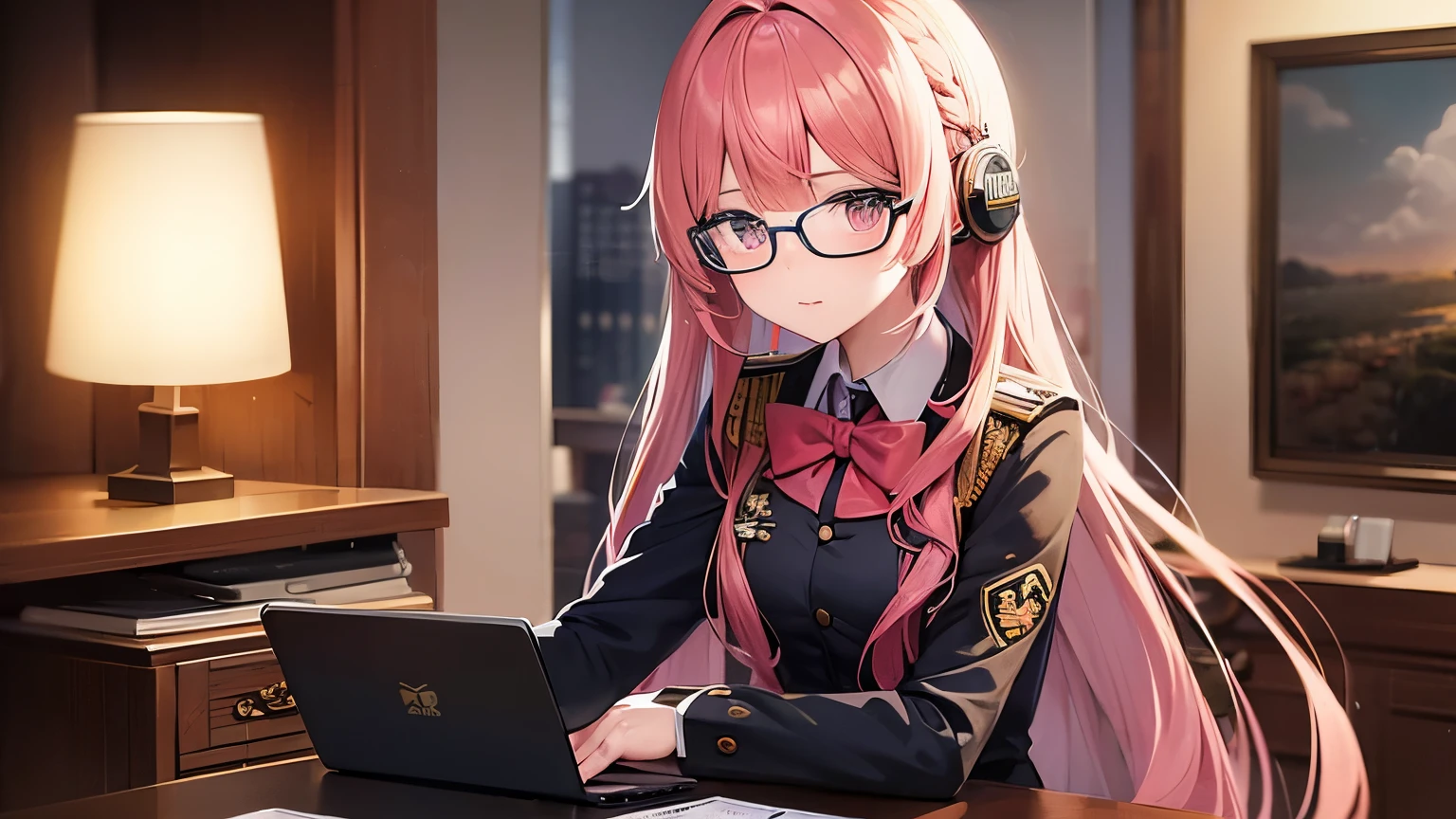((highest quality)),(超A high resolution),(Ultra-detailed),(Detailed depiction),((The best CG)),(A masterpiece),Ultra-detailed art,The art of astonishing depiction, (1 Beautiful Woman,Pink long hair),(uniform),Beautiful and well-groomed face,Black glasses,Wearing headphones,Bright atmosphere, evening,cloud,Study while sitting in a chair in a room