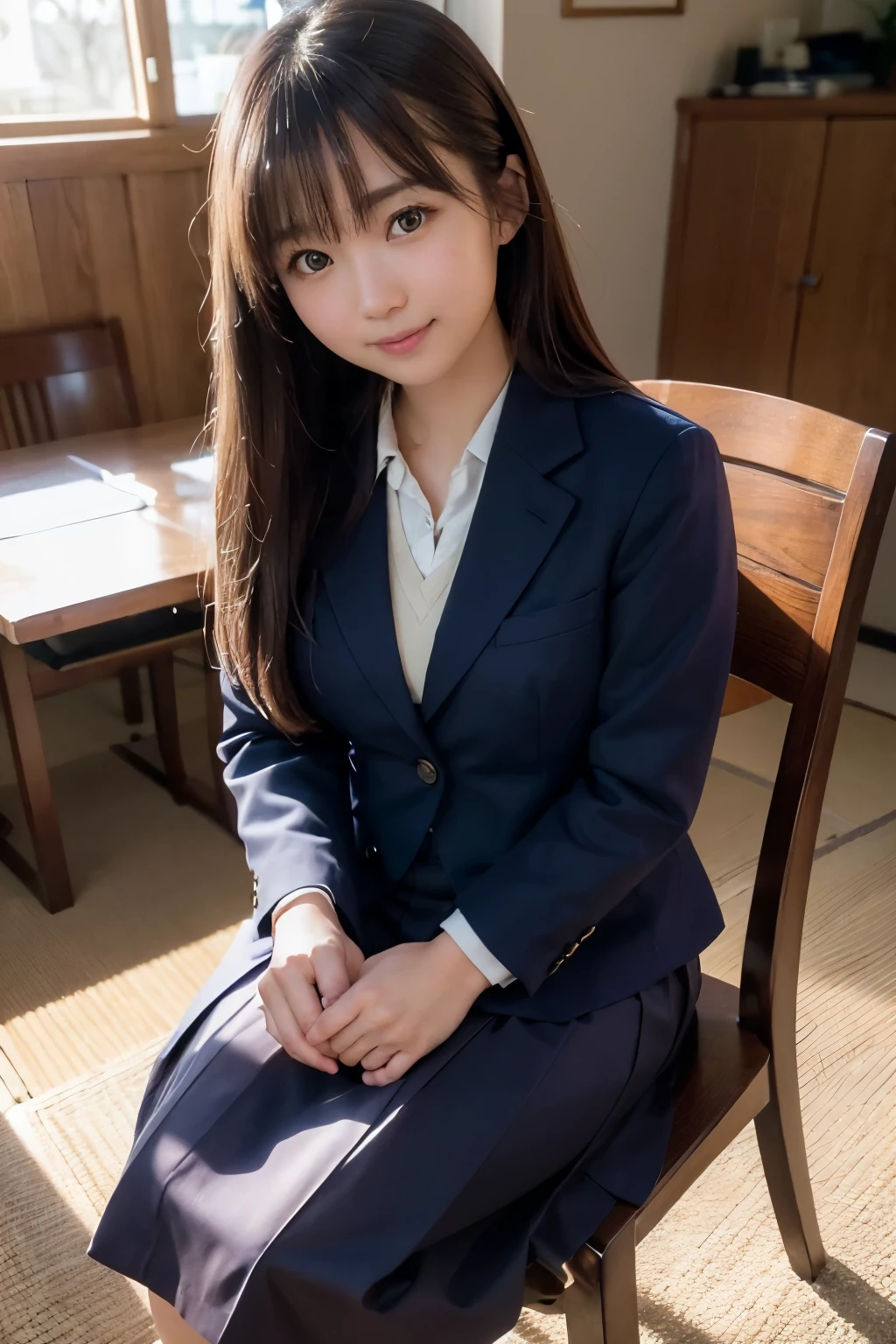 best quality, facial focus, soft light, (depth of field), ultra high res, (photorealistic: 1.4), RAW photo, (sideways) 1Japanese girl, solo, handsome, (shy, smile: 1.1), (brown eyes), detailed beautiful face, (long hair), (seated chair), (school uniform: 1.4, navy skirt, navy Blazer), pet shop,