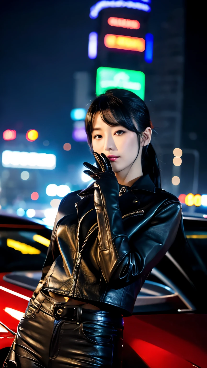 black leather rider jacket, Office in the Dark, Black leather gloved fingertips on both hands,Wearing black leather gloves,Sitting in a black leather chair、 Japanese female new recruits (Black leather gloves cover both hands) (The angle is horizontal)、Black Leather Pants,Black Leather Black Leather Pants,Black Leather Skinny Pants、Long black leather boots on both feet、Black hair ponytail ((He wears black leather gloves on his hands))Full Body Photo,full body shot full body full body leather suit,☺If you turn in this direction。Wearing black leather gloves,Wearing black leather gloves,Wearing black leather gloves,Wearing black leather gloves,Wearing black leather gloves,Wearing black leather gloves,黒のレザーパンツが美しい😍黒のレザーパンツが美しい😍黒のレザーパンツが美しい,😍Smiling while looking at me,City lights、((Neon Cyberpunk City Street:1.3))、(Neon Light)、Detailed lighting、
Best image quality、Ultra-high resolution、(realism:1.4)、Korean Beauty Star、The most beautiful KPOP stars、face、Horny Korean Makeup、A body that makes you want to touch it、Realistic leather texture、Costume made of smooth leather fabric、The drape of the curved parts of the leather fabric、The costume is very shiny、Quality of the costume、8K Photo Quality