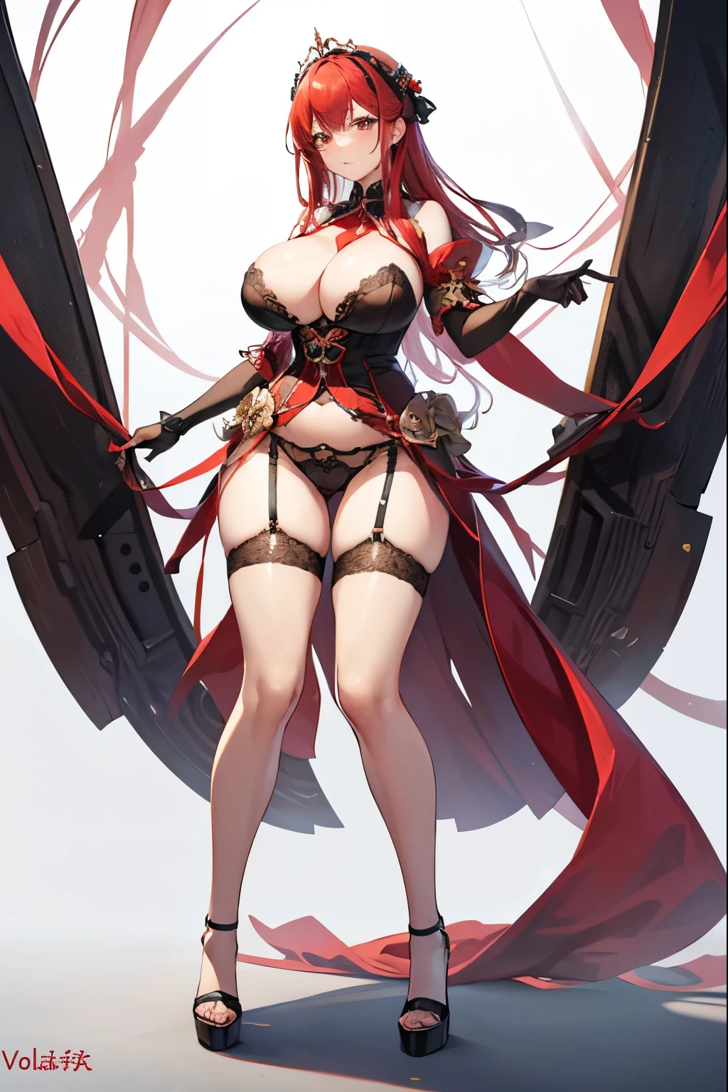 Big Breasts, Big Hips, Full Body Shot, Voluptuous thighs, Perfect body, highest quality、masterpiece、beautiful girl、garter belt、Red hair