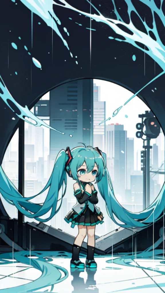 best quality, chibi, 1 girl,  miku, Hatsune Miku, (full body), Simple Background,Vivid,clearly,sad face,rain,crying