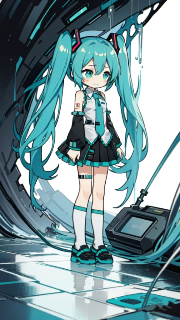 best quality, chibi, 1 girl,  miku, Hatsune Miku, (full body), Simple Background,Vivid,clearly,sad face,rain,crying