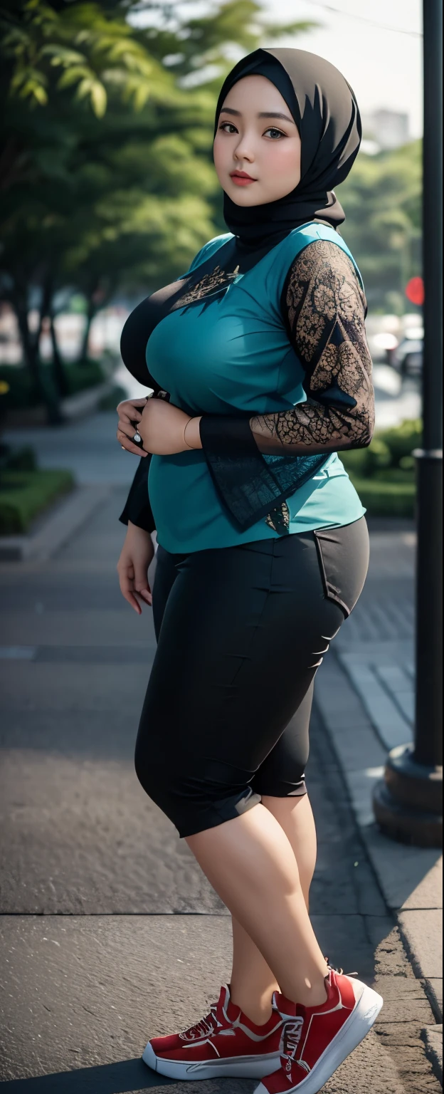 1 chinese-Indonesian girl, modern plain hijab, shy, medium portrait, watery eyes, wearing blue dark green kebaya, ((big breasts)), black bokeh background, well-proportioned body,, chubby massive thighs, full body pose, Hena art on the body, hena art on arms, full body view , wearing red sneakers , fat legs