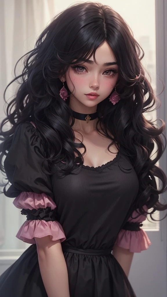 Beautiful girl, slim fit body, wavey black hair , blushed cheeks, rose pink lips