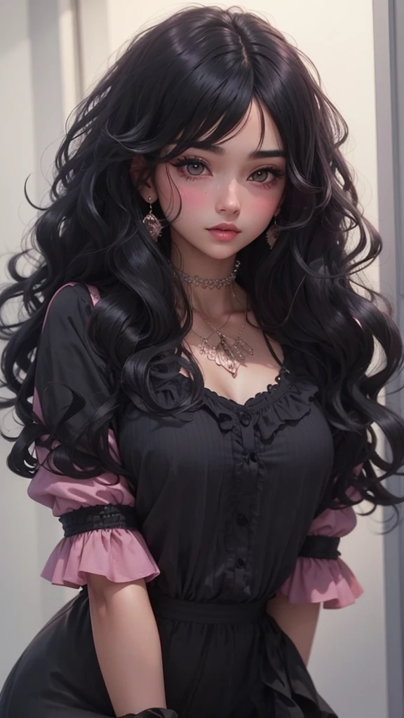   Beautiful girl,  slim fit body,  wavey black hair   , blushed cheeks, rose pink lips