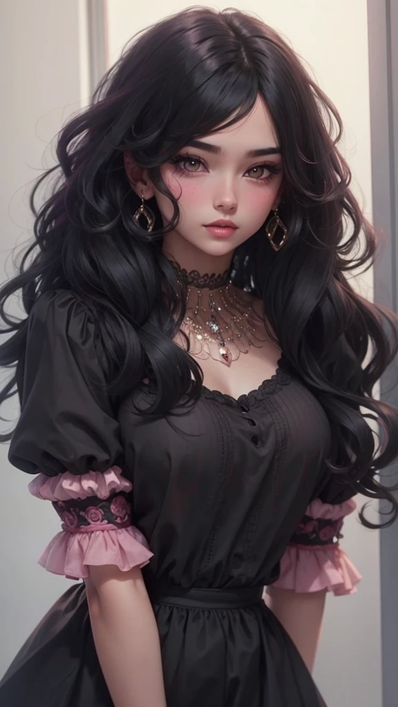   Beautiful girl,  slim fit body,  wavey black hair   , blushed cheeks, rose pink lips