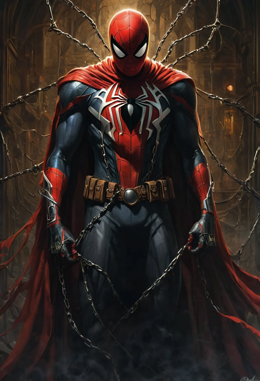 In Casey Bowe's memorable style, Spider-Man's gothic body is composed almost entirely of necroplasm. The Thing That Came from Hell, Spider-Man. His cloak is very aesthetic and deadly. The chains, black suit are part of a sentient parasitic organism known as K7-Lita, a parasite from hell, which attaches itself to the nervous system of its hosts and emerges from the depths of darkness. Its essence is a fascinating mixture. mystery and horror charm. His piercing eyes radiate a mysterious presence that draws viewers into his world. Baugh's brush imbues the painting with a unique combination of realism and abstraction, highlighting Spider-Man's subtle facial features and contrasting them against deep, rich hues. The interaction of light and shadow gives the painting depth and volume, creating a hauntingly beautiful image of this Gothic painting. Bow's distinctive style captures the essence of Spawn's mysterious nature, inviting competition.
