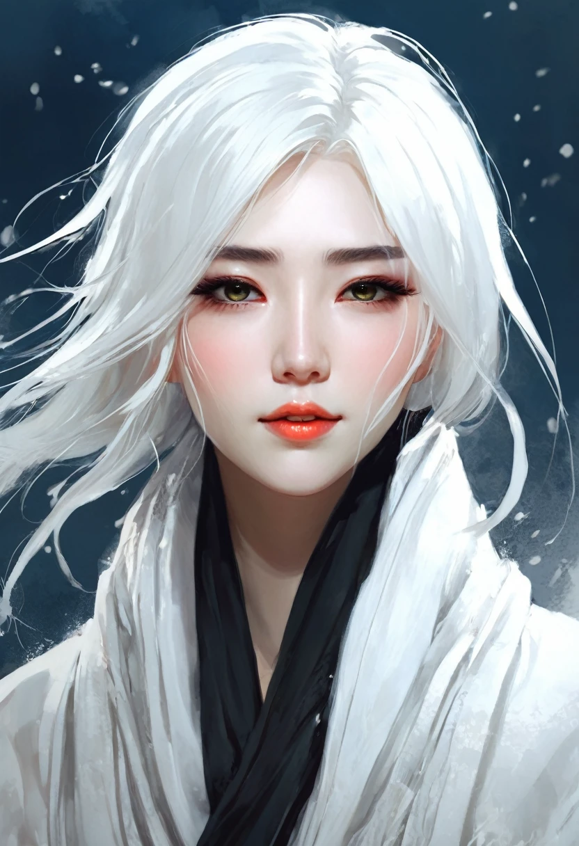a close-up of a woman with white hair and a black scarf, um retrato de personagem de Yang J, vencedor do concurso pixiv, arte de fantasia, divindade de cabelos brancos, linda pintura de personagem, artwork in the style of Guweiz, o olhar penetrante de Yuki Onna, Guweiz, com cabelos longos brancos, com longos cabelos brancos, cabelos soltos e vestes longas
