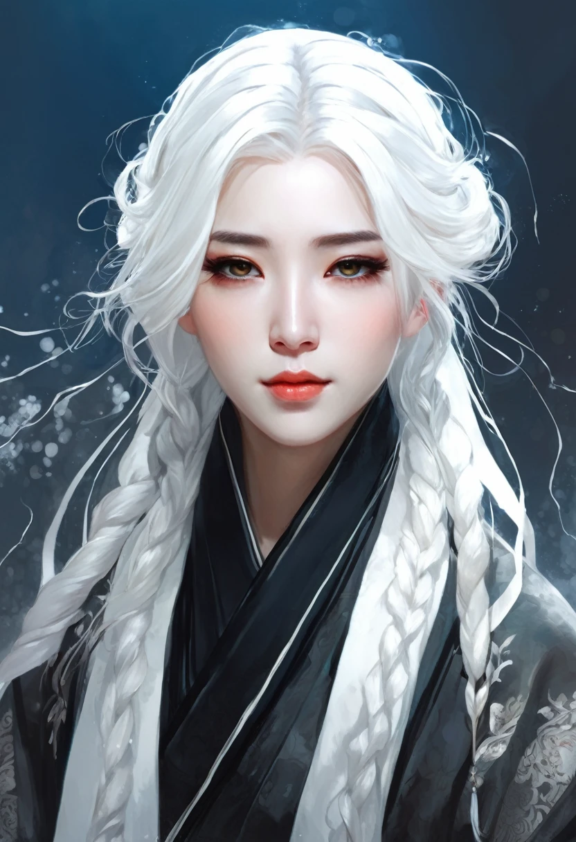 a close-up of a woman with white hair and a black scarf, um retrato de personagem de Yang J, vencedor do concurso pixiv, arte de fantasia, divindade de cabelos brancos, linda pintura de personagem, artwork in the style of Guweiz, o olhar penetrante de Yuki Onna, Guweiz, com cabelos longos brancos, com longos cabelos brancos, cabelos soltos e vestes longas
