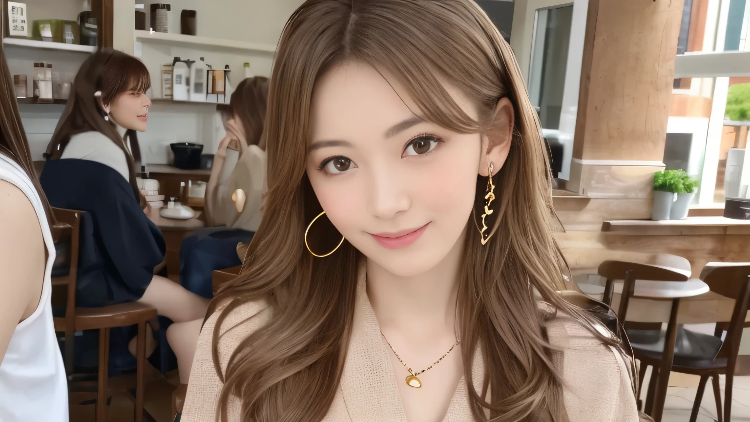 super high quality, Slender, Gravure photoshoot, The staff is working at the counter in the back., (8k、RAW Photos、highest quality、masterpiece:1.2), Japanese Idol, Brown Hair, necklace, Stylish café, The cafe is crowded with people enjoying themselves., (Realistic、Photorealistic:1.37), Mesh Hair, Golden Ratio, Raw photo, Cute face , Light Brown Hair, Earrings, Small breasts, Blurred Background, Spring Clothes, Well-designed furniture, Loose Palmer, Beautiful hairstyle, Spoiled, Open Cafe, A kind smile, Hair blowing in the wind, Neat clothes, Berry Short, 18-year-old, Gal Fashion,