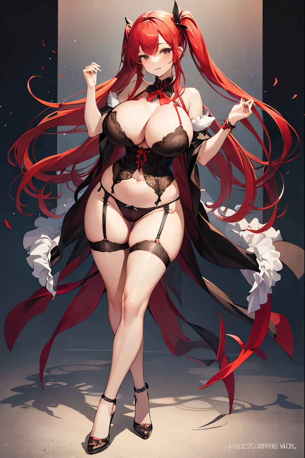 Big Breasts, Big Hips, Full Body Shot, Voluptuous thighs, Perfect body, highest quality、masterpiece、beautiful girl、garter belt、Red hair