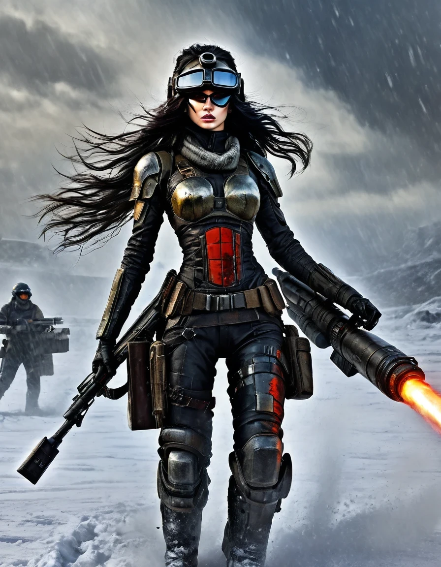 best quality, ultra-detailed, HDR, masterpiece:1.2, wasteland, beautiful warrior holding a rocket launcher, futuristic fantasy, black long flowing hair, high-tech helmet, goggles, blood and black oil paint on her face, dirt, wounded, worn-out, tragic, movie still, Siberia, vast wasteland covered in snow, cold night, sci-fi art, in style of Amedeo Modigliani, battle, war, multiple warriors, background: army combat battlefield, numerous brave soldiers.