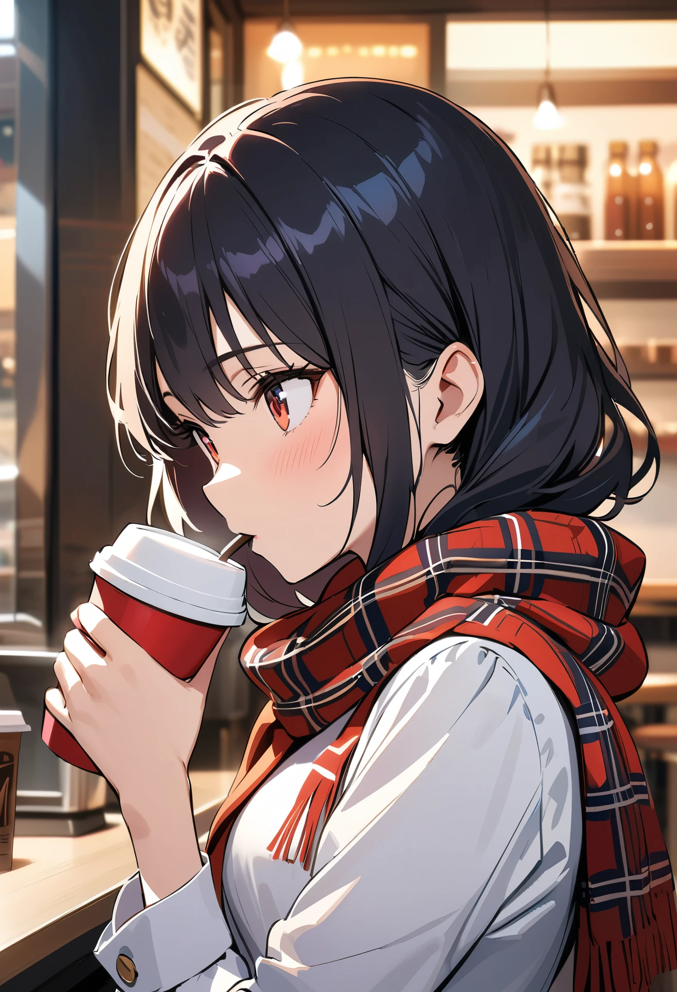 (solo),masterpiece,Extreme details,HD,Beautiful illustrations,((Thriller)),amazing,medium view,Upper Body,A girl,extremely detailed neat hair,beauty eyes,Uniforms,Plaid scarf,miniskirt,(Drinking coffee),hands holding coffee cup,Depth of Field,Coffee shop background,warm background,warm feeling