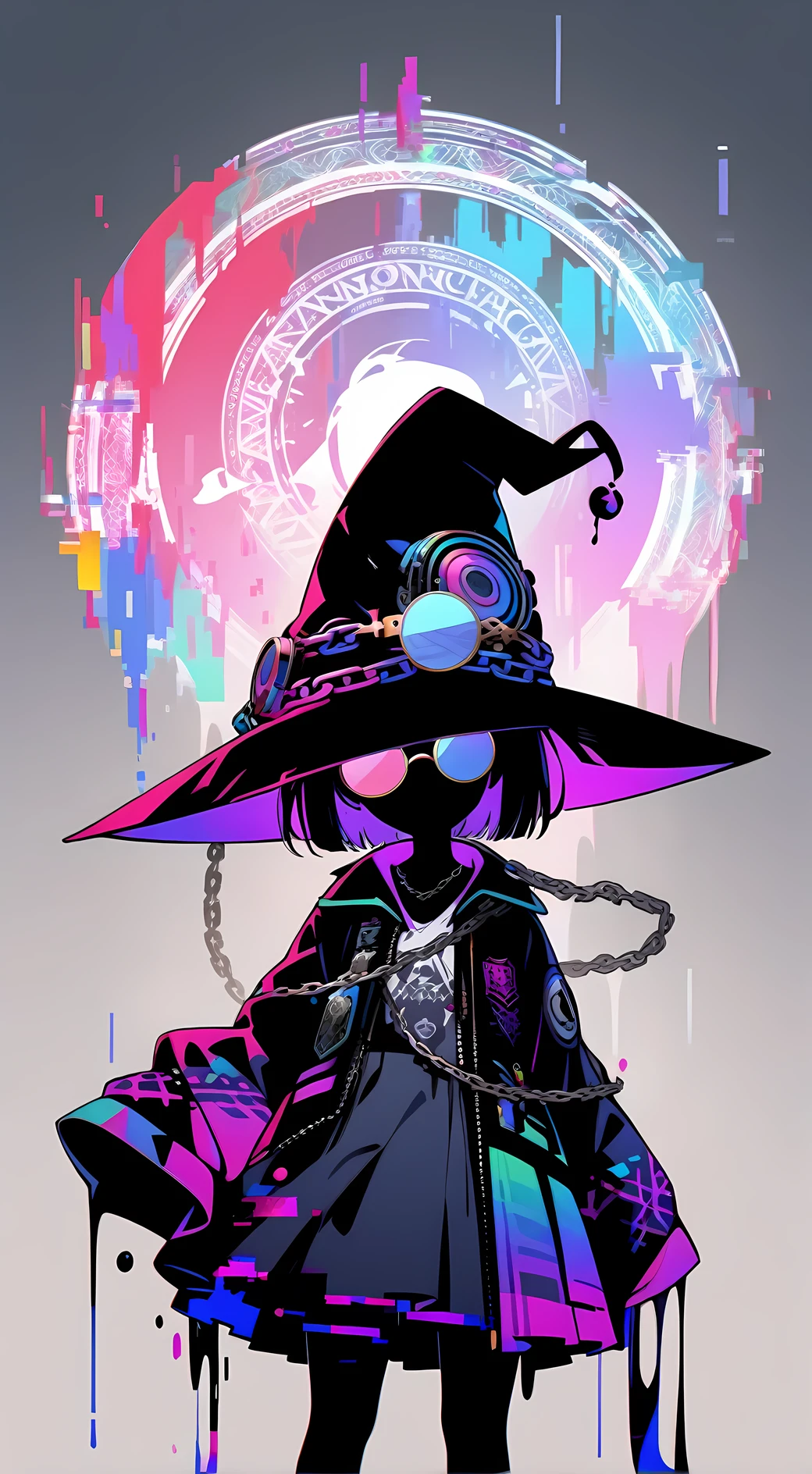 (best quality, ultra detailed), magicpunk, silhouette, 1girl, solo, liquid, round colored glasses, magic circle, witch hat, chain, glitch-noise, foggy gradation simple background,