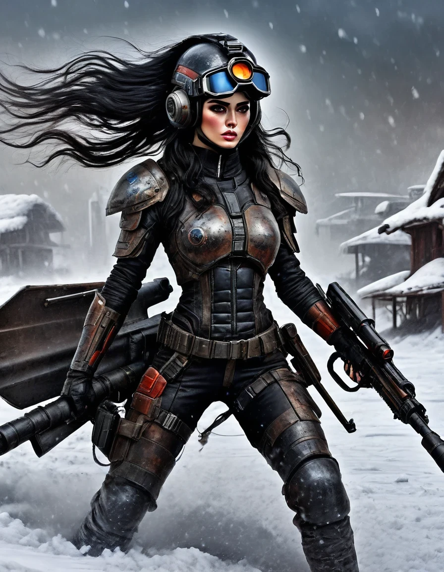 best quality, ultra-detailed, HDR, masterpiece:1.2, wasteland, beautiful warrior holding a rocket launcher, futuristic fantasy, black long flowing hair, high-tech helmet, goggles, blood and black oil paint on her face, dirt, wounded, worn-out, tragic, movie still, Siberia, vast wasteland covered in snow, cold night, sci-fi art, in style of Amedeo Modigliani, battle, war, multiple warriors, background: army combat battlefield, numerous brave soldiers.