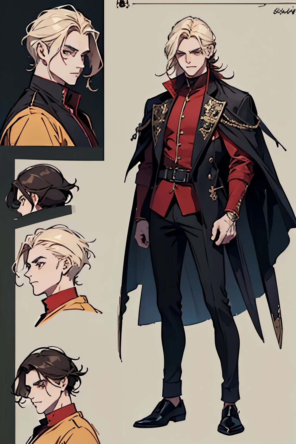 um homem, adulto, ((macho)), cabelo curto, Alto, cabelo vermelho, Olhos dourados, rosto perfeito, roupas lindas, Roupas antigas, detalhado, dynamic lighting, (melhor qualidade), (obra de arte), (reference sheet:1.5)