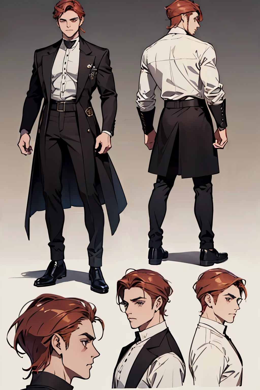 um homem, adulto, ((macho)), cabelo curto, Alto, cabelo vermelho, Olhos dourados, rosto perfeito, roupas lindas, Roupas antigas, detalhado, dynamic lighting, (melhor qualidade), (obra de arte), (reference sheet:1.5)